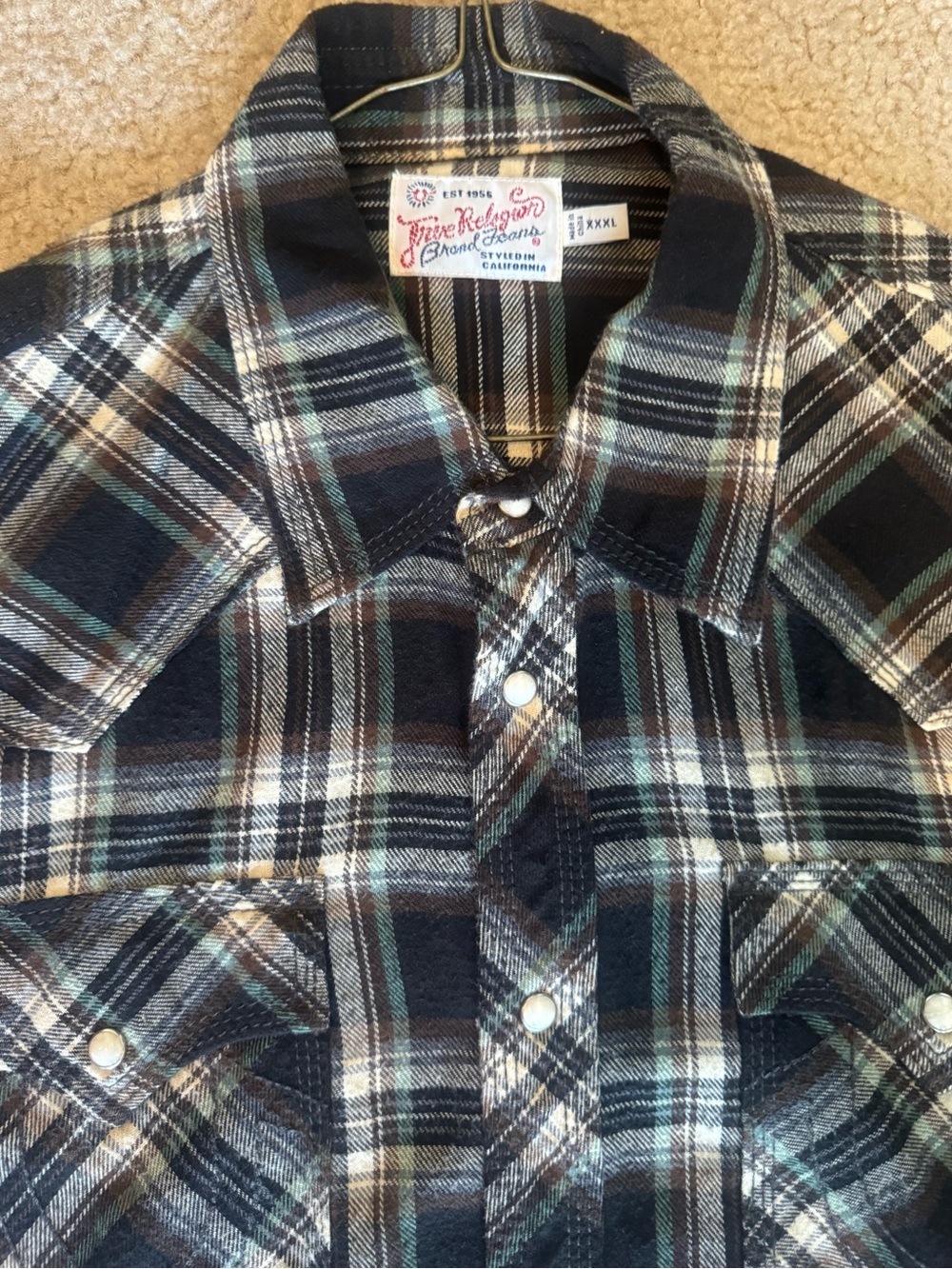 True Religion Black, Green & Cream Plaid Button-Down Shirt